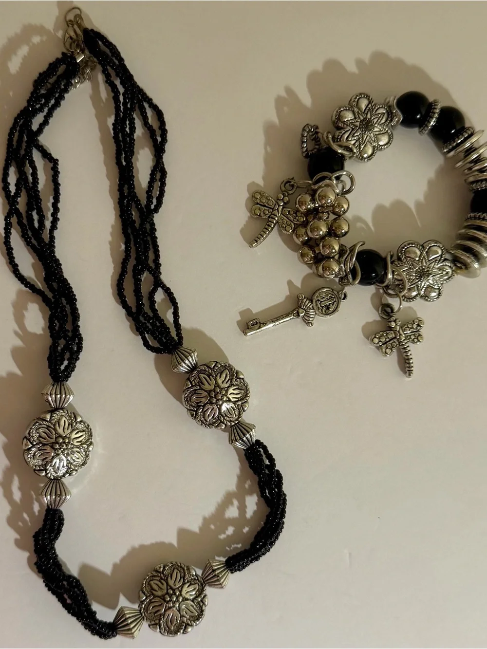Black Beaded Multi Strand Necklace and Charm Bracelet Silver Tone Jewelry Set